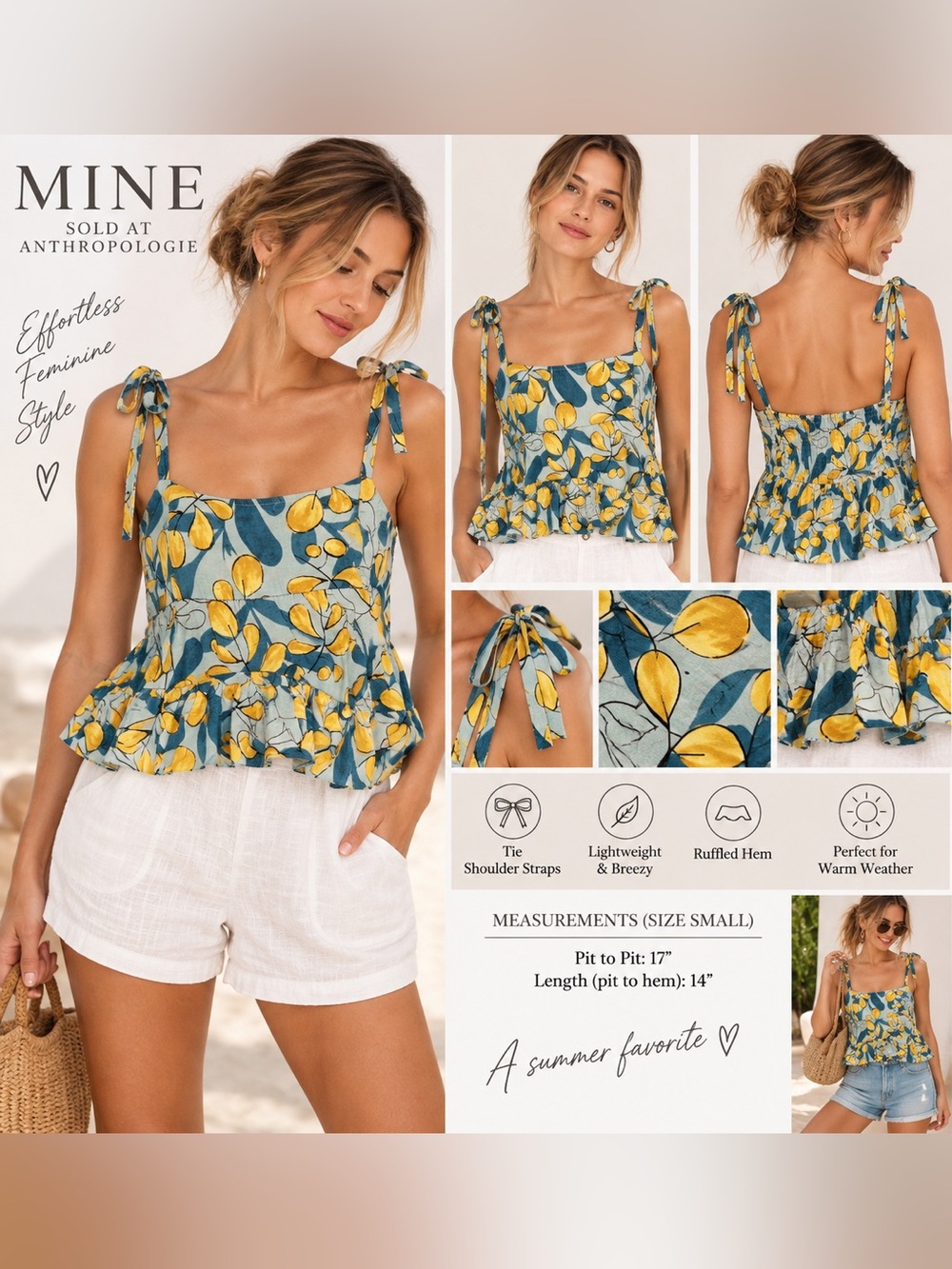 MINE Anthropologie Floral Tie Strap Peplum Cami Top Small New